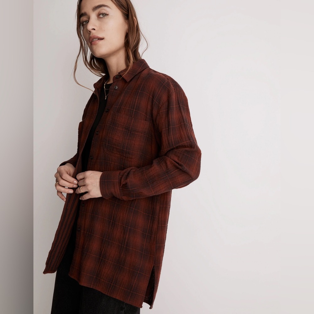 Madewell Oversized Flannel Button Down Shirt in Burnished Mahogany - Picture 3 of 7